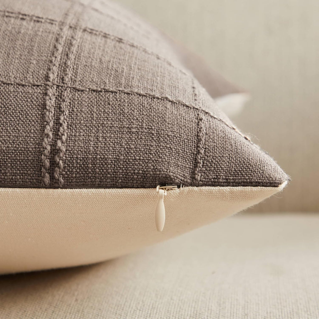 ZeeMart Linen Checked Throw Pillow Covers Set of 2, 18x18 Inch Cocoa Brown/Cream, Farmhouse Decorative Single Sided Grid Embroidered Couch Pillow Cases Brown Cotton Linen Cushion Covers