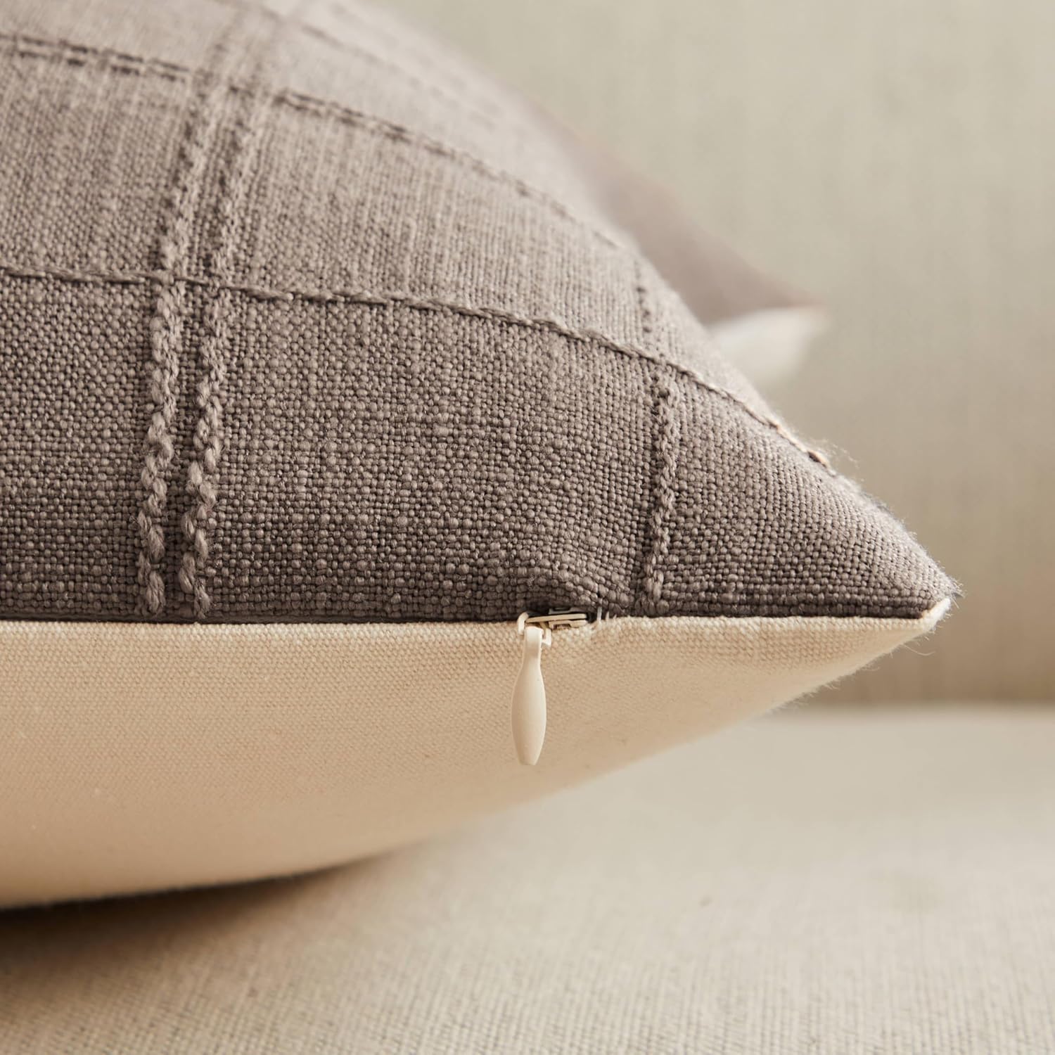 ZeeMart Linen Checked Throw Pillow Covers Set of 2, 18x18 Inch Cocoa Brown/Cream, Farmhouse Decorative Single Sided Grid Embroidered Couch Pillow Cases Brown Cotton Linen Cushion Covers