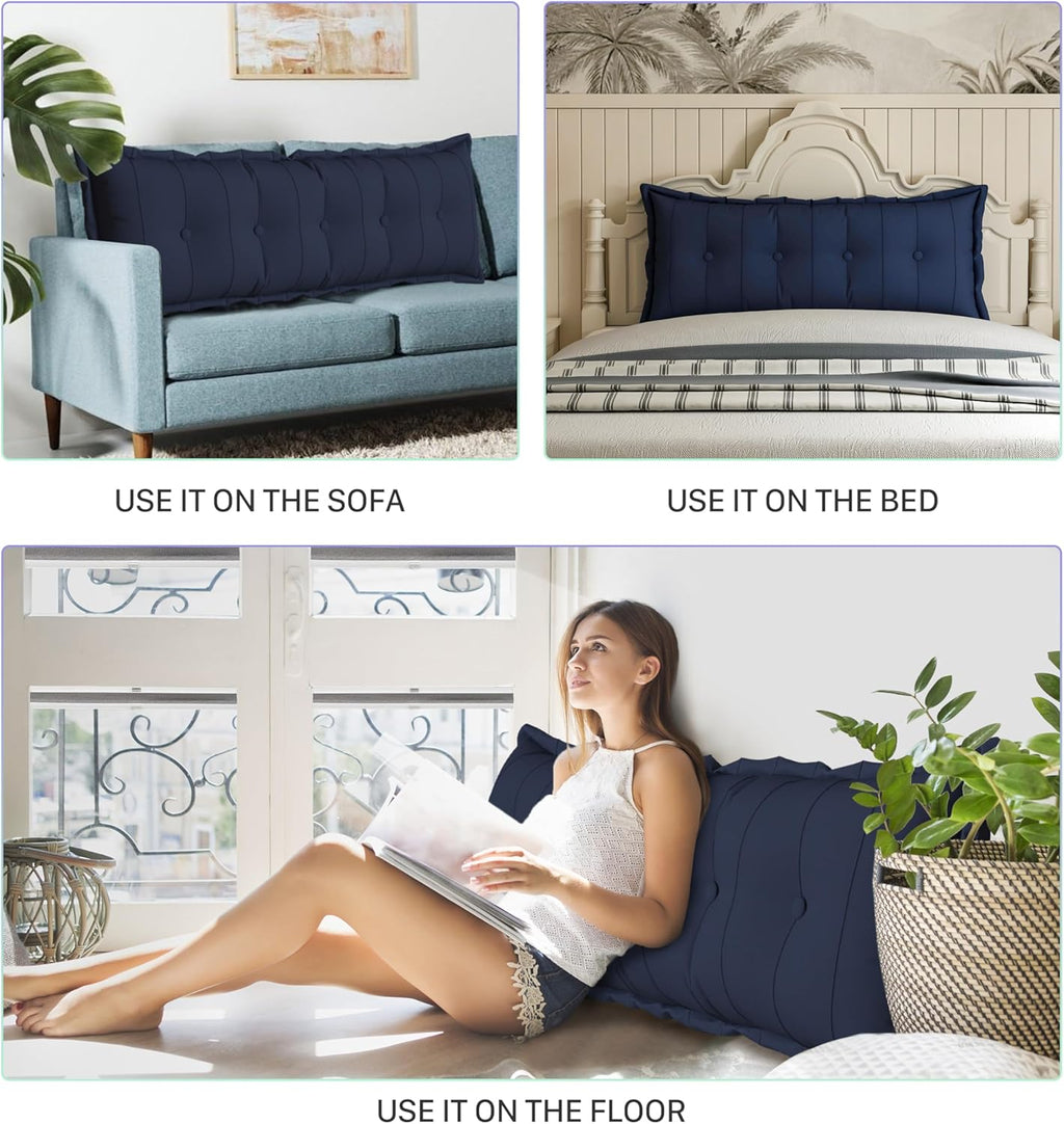 Large Bolster Reading Pillow King Backrest Positioning Support Pillow Daybed Cushion Headboard Pillows for Bed Bunk Sofa with Removable Cover, Dark Blue, 76x3x20 Inch