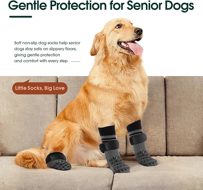 Kuoser Non Slip Dog Socks for Hardwood Floors,4Pack Anti-Slip Dog Grippy Socks to Prevent Licking Paws,Dogs Booties Paw Protectors with Double-Sided Traction for Small Medium Large Senior Dogs,Gray XL