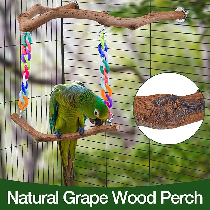 Bird Swing Toys, Standing Bird Perch with Natural Grape Wood, U Shape Hangable Birdcage Accessories, Birds Chewing Toy for Budgerigars, Parakeets, Cockatiels, Conures, Lovebirds, Finches (3Pack)