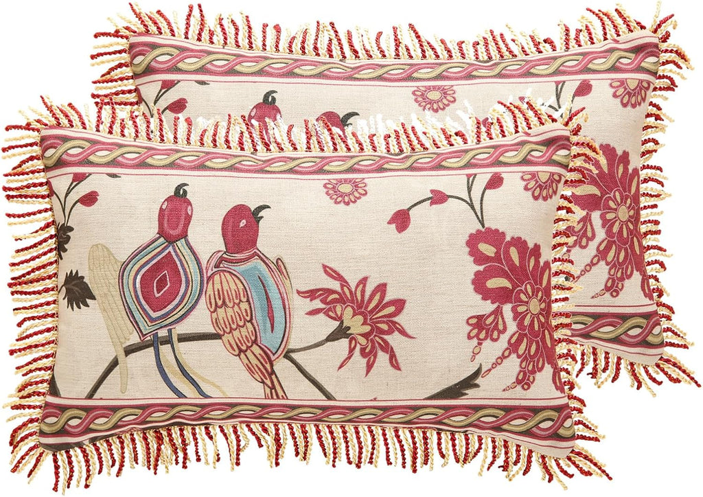 patdrea Designer Throw Pillow Covers 12"x20",Vintage Flowers and Bird Pattern Linen Pillowcases with Tassel Edges Pillows Cover for Couch,Decorative Lumbar Cushion for Living Room Outdoor,Set of 2
