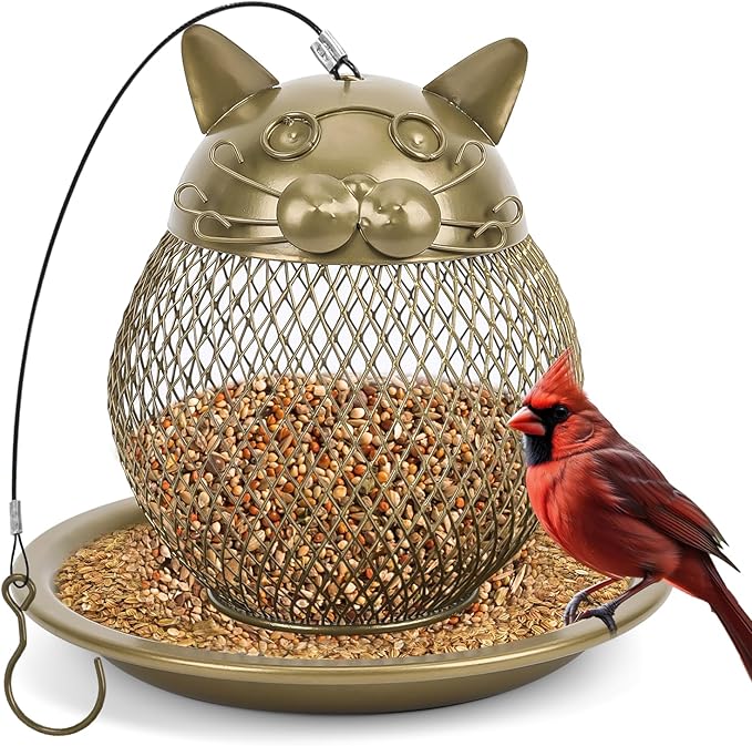 Cat Shaped Bird Feeder for Garden & Patio - Heavy Duty Steel Construction, Squirrel Resistant & Easy to Clean, Weatherproof Outdoor Decor for Bird Watchers (Gift Ready)