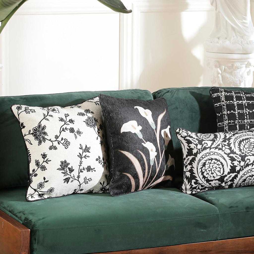 Farmhouse Throw Pillow Covers,Classic Black and White Floral Elegant French Linen Pillowcases,Decorative Square Pillow Covers Cushion Covers for Couch Bed Sofa Chair 18x18 Inches