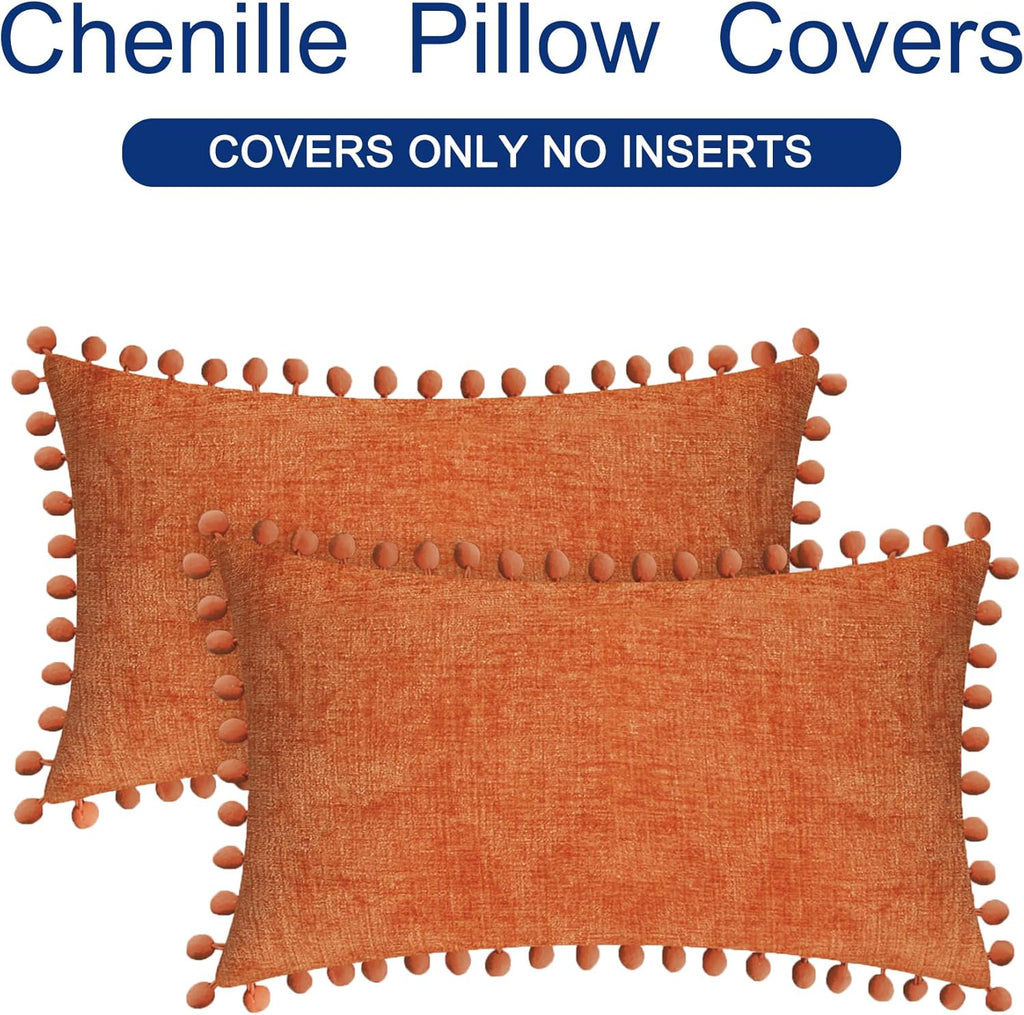 CaliTime Fall Throw Pillow Covers Decorative 20 X 12 Inches Pack of 2 Cozy Solid Dyed Soft Chenille Cushion Cases with Pom Poms for Couch Sofa Bed Living Room Home Burnt Orange