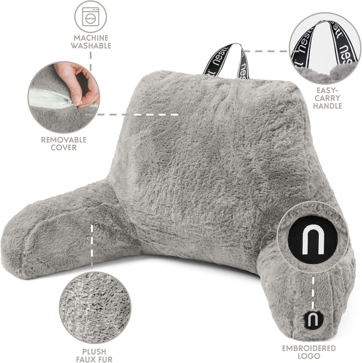 Nestl Fur Reading Pillow with Shredded Memory Foam, Stylish Back Pillow for Bed Sitting Up, Faux Fur Reading Pillows for Sitting in Bed Adult & Kids, Sit Up Back Support Pillow with Arms - Dark Grey