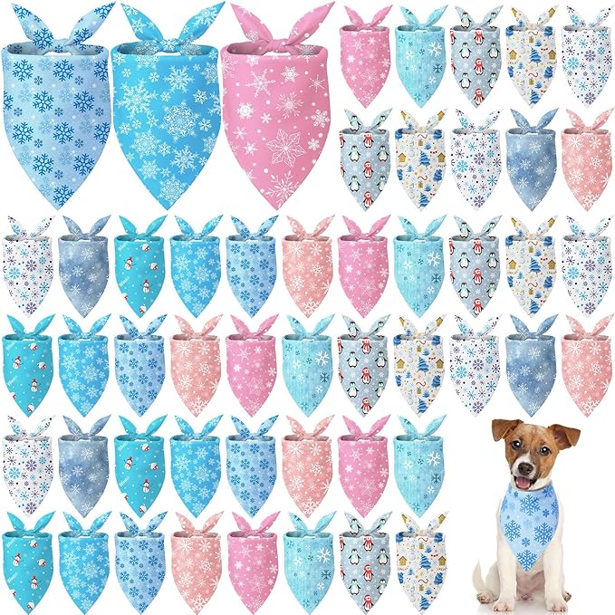 100 Pcs Winter Bandanas Bulk for Dogs Snowflake Cats Bandanas Charm Soft Triangle Bibs Adjustable Scarf for Small Medium Large Pets Winter Costume
