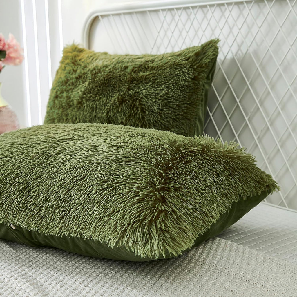 Uhamho Set of 2 Standard Pillowcases Faux Fur Throw Pillow Covers Queen Size Shams Soft Velvet Decorative Zipper Closure (Sage, 20"x26")