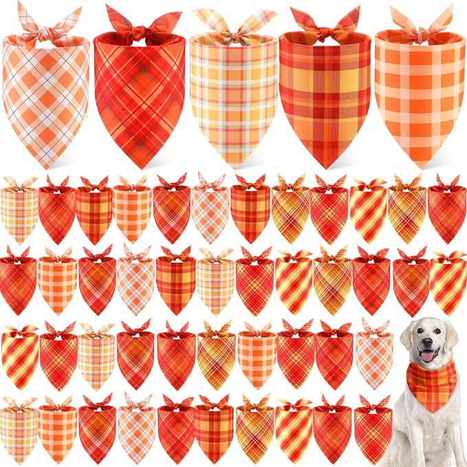 Weewooday 50 Pcs Fall Dog Bandanas Bulk Plaid Bandanas for Dogs Autumn Soft Doggie Bibs Adjustable Triangle Scarves for Small Medium Large Pet Costume(Plaid Pattern, 31.5 x 21.7 x21.7 Inch)
