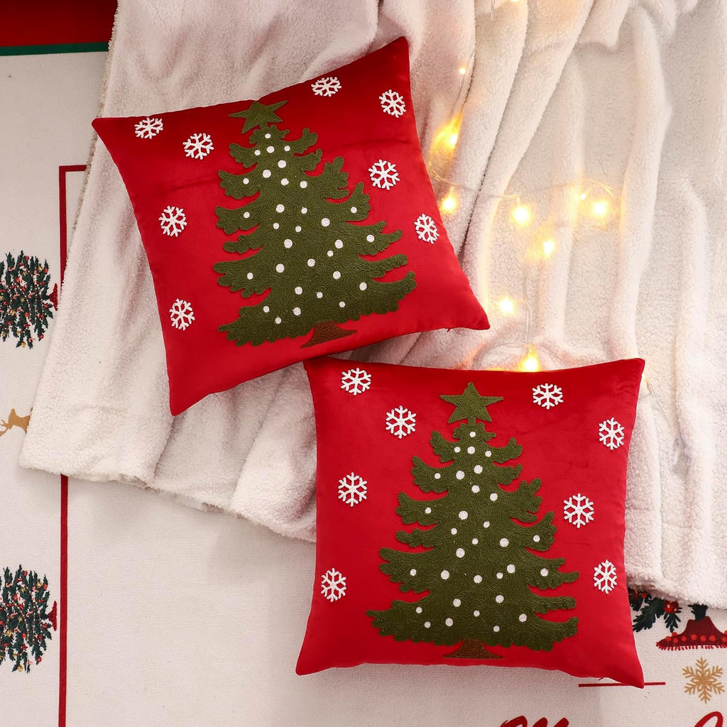 LUOYEHK Red Christmas Pillow Covers 18x18 Set of 2 Xmas Tree with Snowflakes Decorative Pillow Cases Winter Holiday Velvet Embroidered Cushion Covers for Couch Sofa Bed