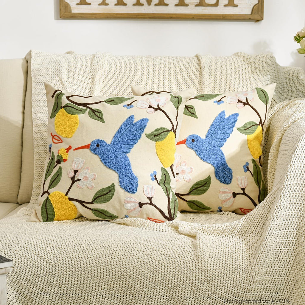 AVOIN colorlife Holiday Floral Embroidered Decorative Throw Pillow Covers Set of 2, 18 x 18 Inch Bird Lemon Flowers Tufted Patterned Linen Cushion Cases for Bedroom Living Room Sofa Couch