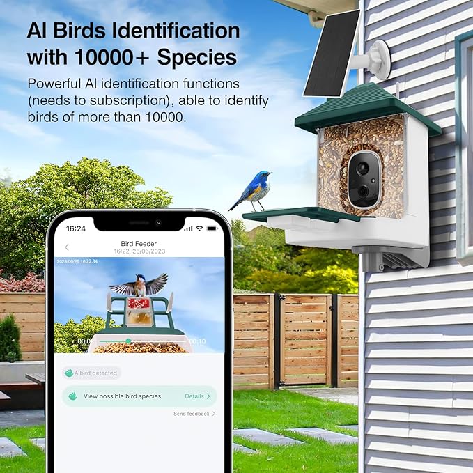 Smart Bird Feeder with Camera,AI Identify Species,Bird House with Solar Powered,Instant Arrival Alerts,2K Capture Video,Live View for Lover (Blackish Green)