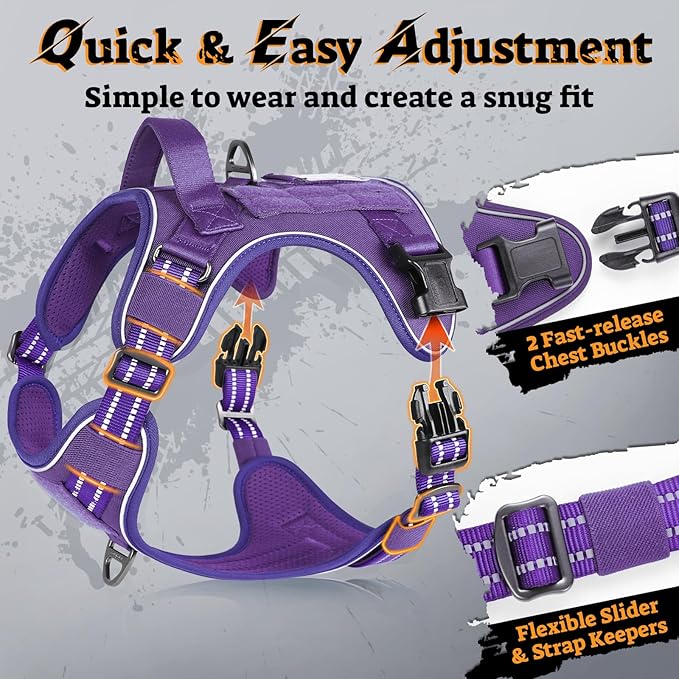 rabbitgoo Dog Harness Small Sized No Pull, Tactical Service Pet Vest with Molle and Control Handle, Adjustable and Reflective Military Harness for Easy Walking and Training, Purple, S
