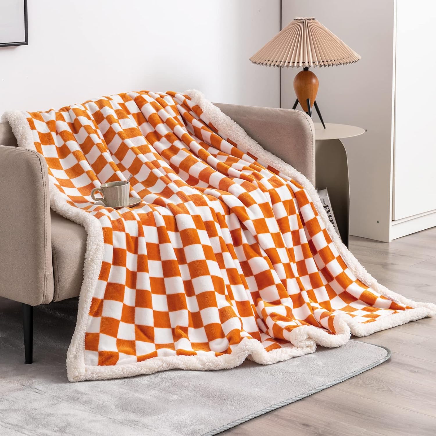 LOMAO Sherpa Throw Blanket Fleece Blanket with Checkered Pattern Soft Thick Blanket for Couch, Bed, Sofa Luxurious Warm and Cozy for All Seasons (Orange, 51"x63")