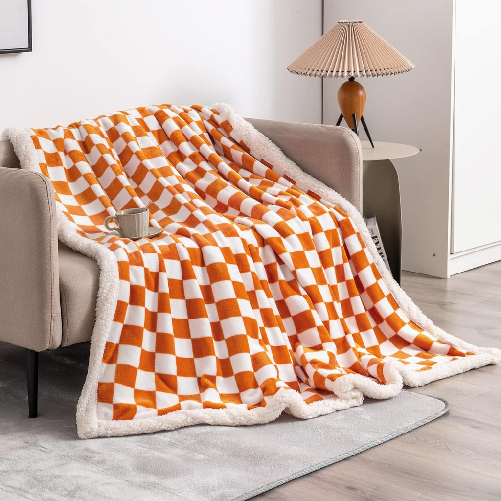 LOMAO Sherpa Throw Blanket Fleece Blanket with Checkered Pattern Soft Thick Blanket for Couch, Bed, Sofa Luxurious Warm and Cozy for All Seasons (Orange, 60"x80")