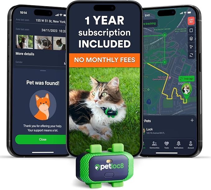 Cat GPS Tracker – Smallest Waterproof Pet Tracking Device with App, Real-Time Location, Smart Alerts & Geo-Fence, Long-Life Battery, Collar-Compatible – iOS & Android (12-Mo Subscription Included)