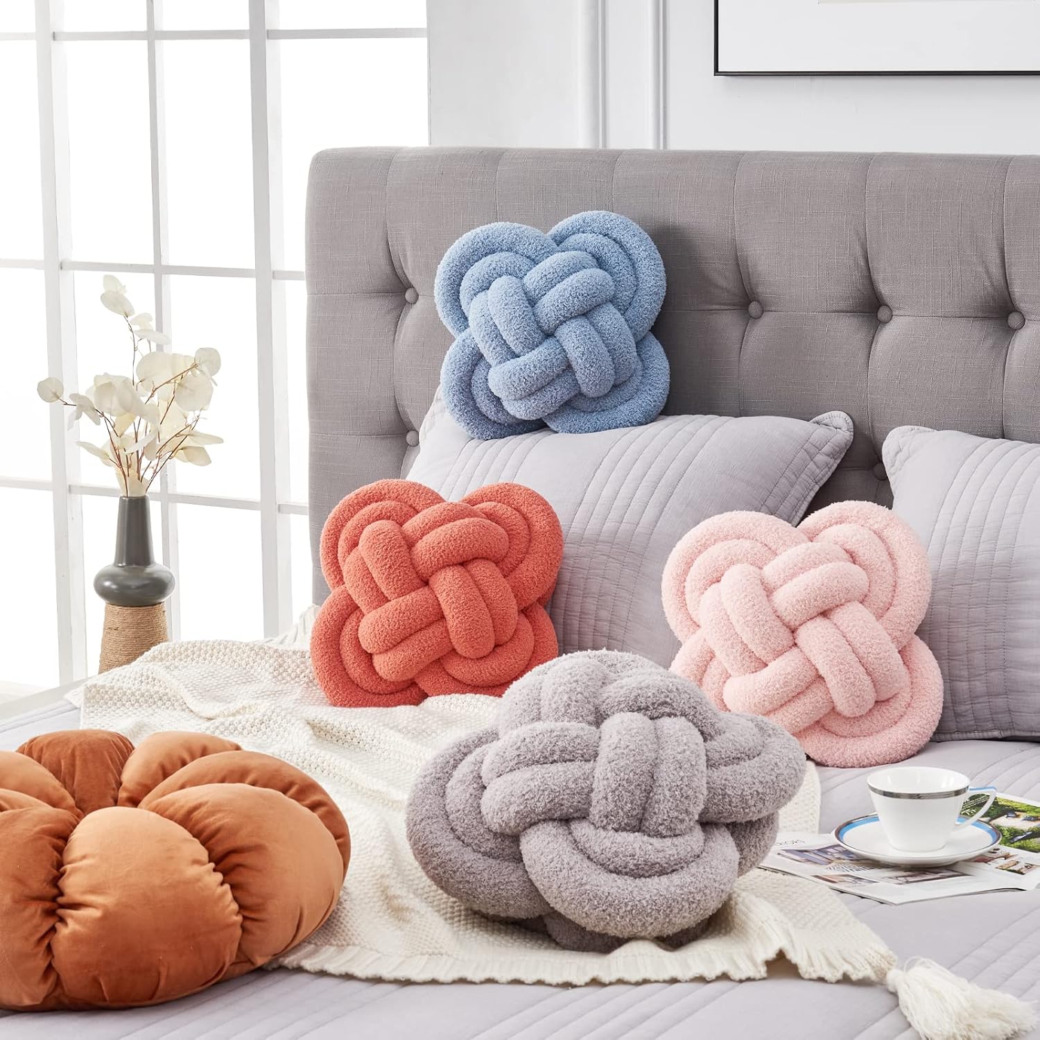 Xiashrk Knot Pillow Ball, 12" Soft Decorative Throw Pillows for Couch Bed, Blue Knotted Plush Throw Pillow Handmade Square Cushion Home Couch Decor Pillows for Living Room