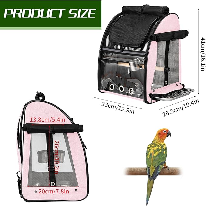 SUERTREE Bird Carrier Bag with Indestructible Stainless Steel Mesh, Bird Travel Cage with Stand, Easy to Clean Backpack for Parrot, Portable Bird Travel Bag, Pet Breathable Travel Cage, Pink
