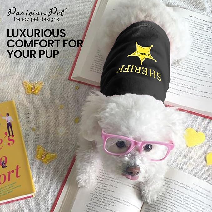 Parisian Pet Dog Tshirt - Embroidered “ Sheriff “ Dogs Apparel - Lightweight and Skin Friendly Dog Clothes - Sleeveless Doggy Tee Shirts - Machine Washable Shirt for Large Dogs - 2XL