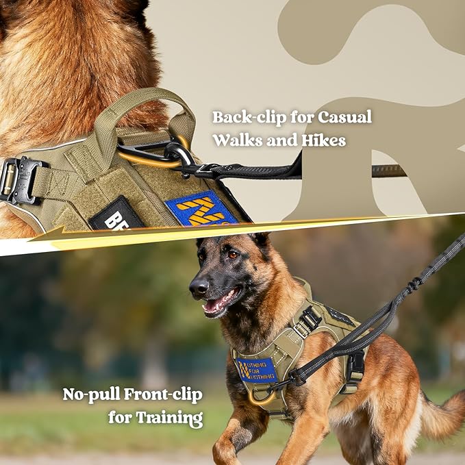 rabbitgoo Tactical Dog Harness for Large Dogs, No Pull Upgraded Reflective Heavy Duty Molle Vest with Handle, Adjustable Military Service Dog Vest for Walking Hiking Training, Brown, L