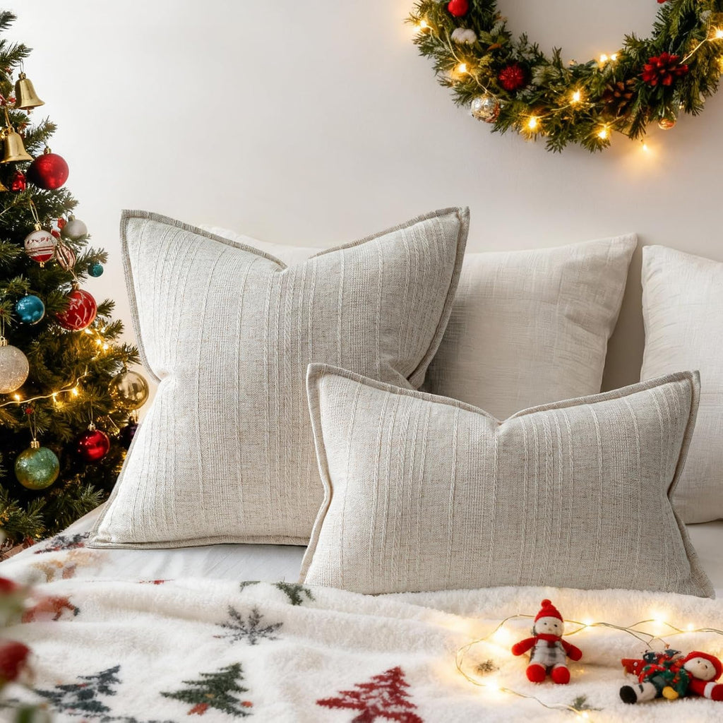 a moment Linen Pillow Covers Set of 2,Boho Farmhouse Throw Pillowcases Neutral Textured Decorative Covers for Couch Sofa, Soft Linen Blend Accent Case Cushion Christmas Home Decor 22"x22"Ivory