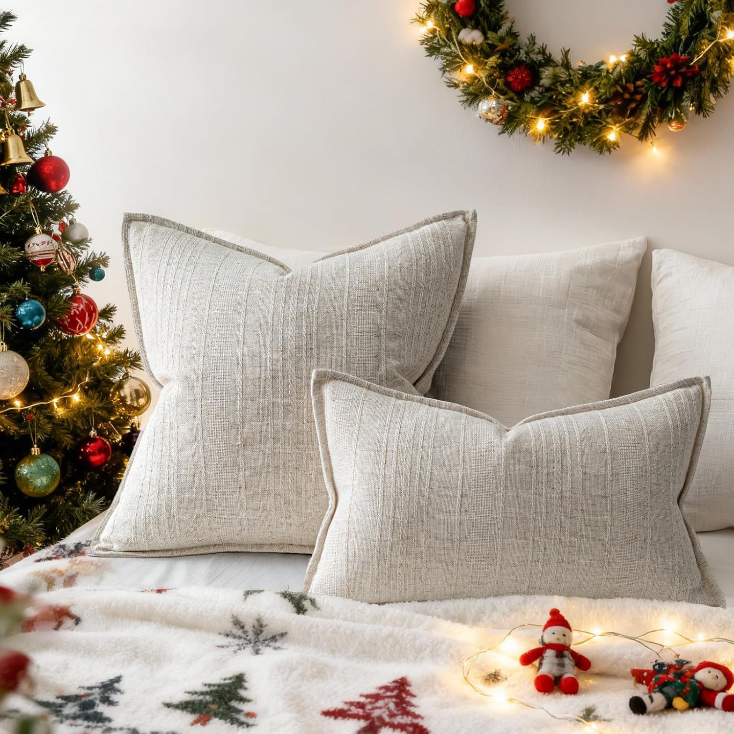 a moment Linen Pillow Covers Set of 2,Boho Farmhouse Throw Pillowcases Neutral Textured Decorative Covers for Couch Sofa Bed, Soft Linen Blend Accent Case Cushion Christmas Home Decor 20"x20"Ivory