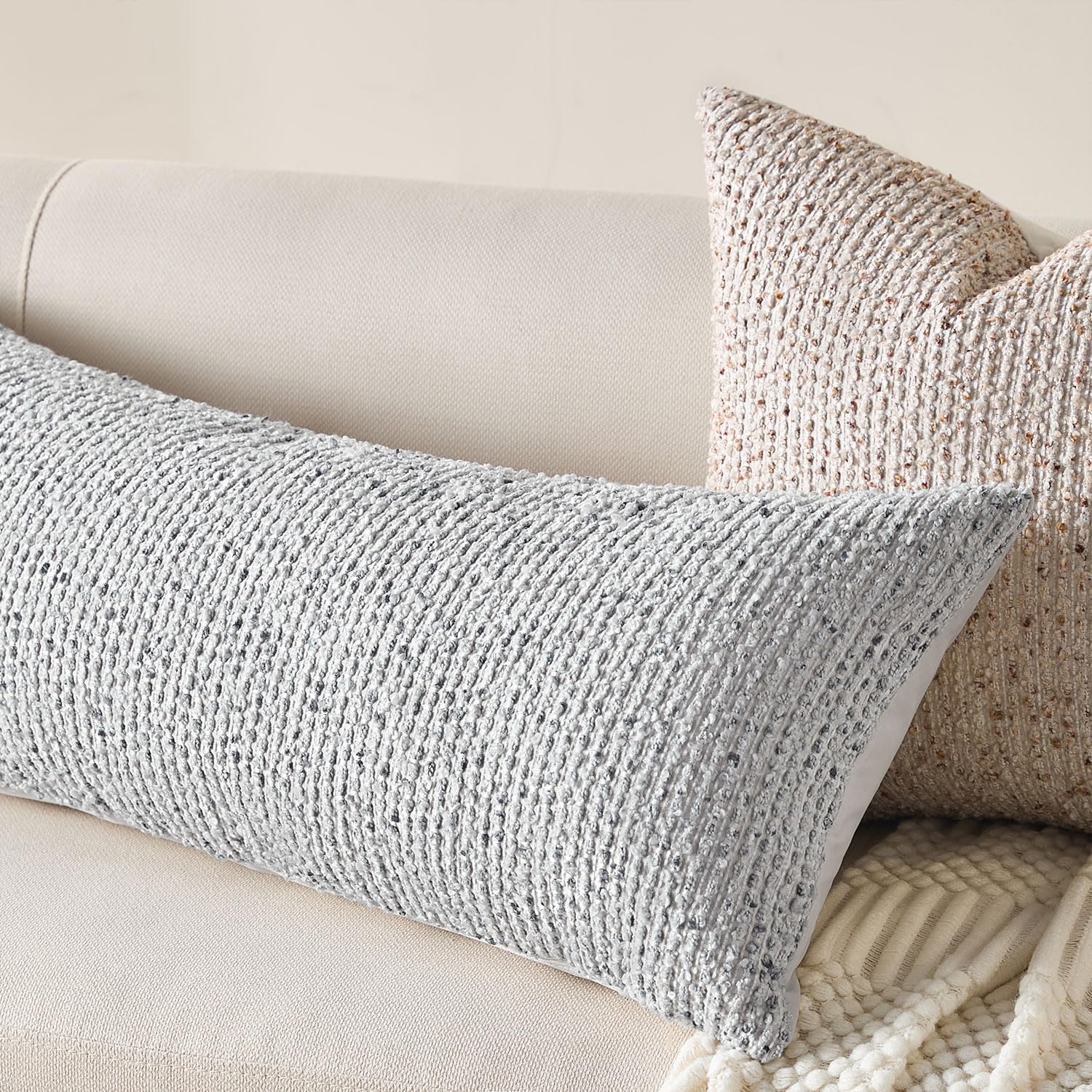 Decorative Lumbar Pillow Cover 14x36 Blue Striped Wool Long Body Pillow Neutral Textured Boho Lumbar Throw Pillow Cushion Covers for Modern Farmhouse Sofa Bed Living Room Decor SY011-C14