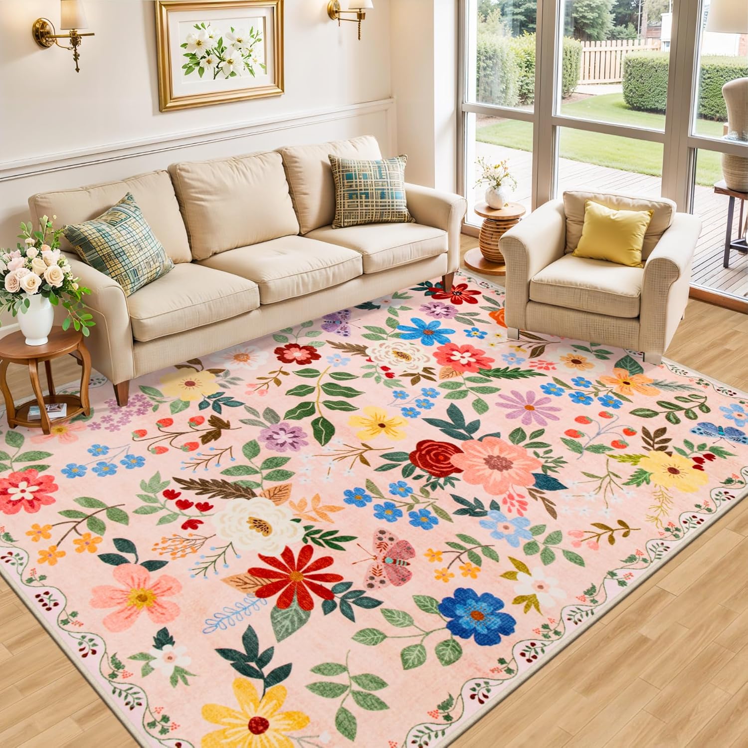 6x9 Area Rugs for Living Room: Floral Washable Rug Vintage Large Soft Boho Non-Slip Carpet Indoor Floor Stain Resistant Thin Carpets for Bedroom Dining Room Farmhouse Nursery Hallway Home Office Beige