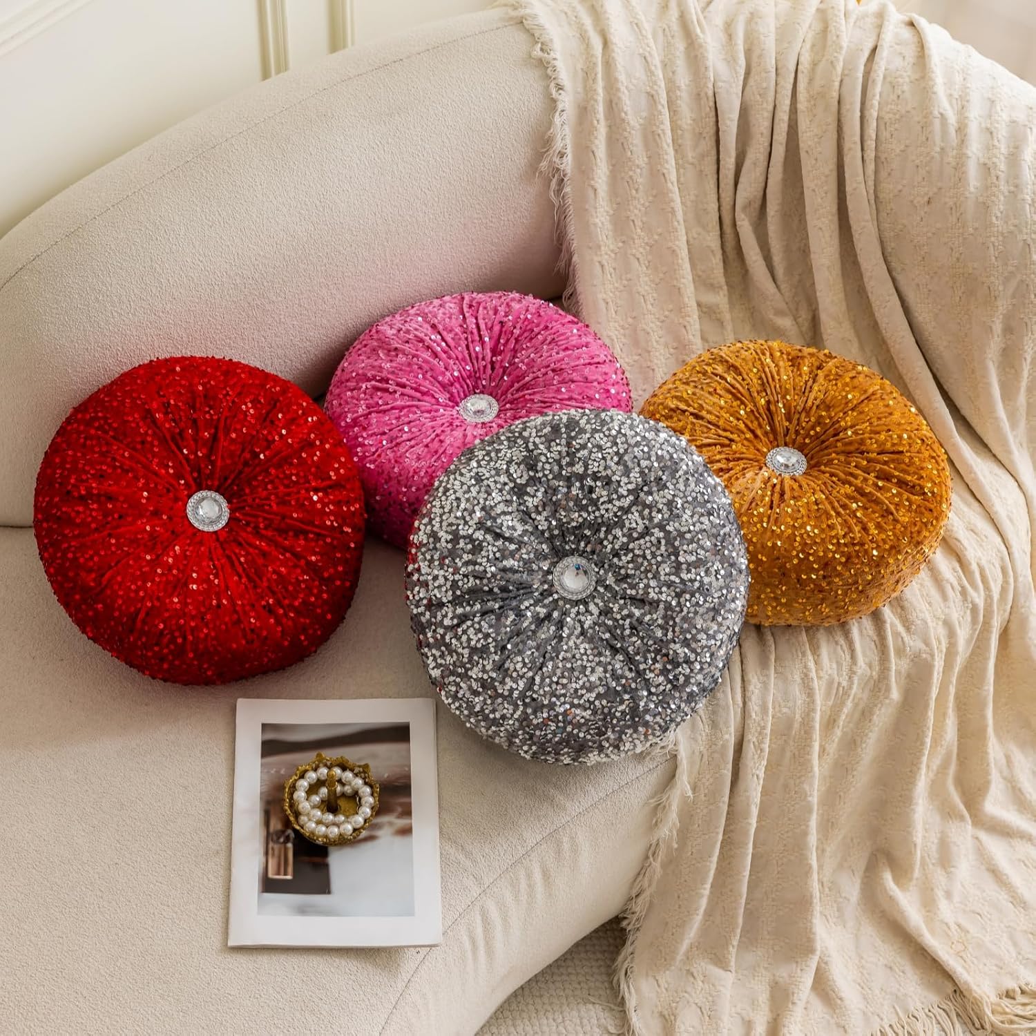 Round Throw Pillow, 13.7in Soft Solid Color Sequin Glitter Decorative Round Pillow Circle Floor Pillows Cushions for Sofa Bed Chair Living Room Floor Car Home Decoration, Red