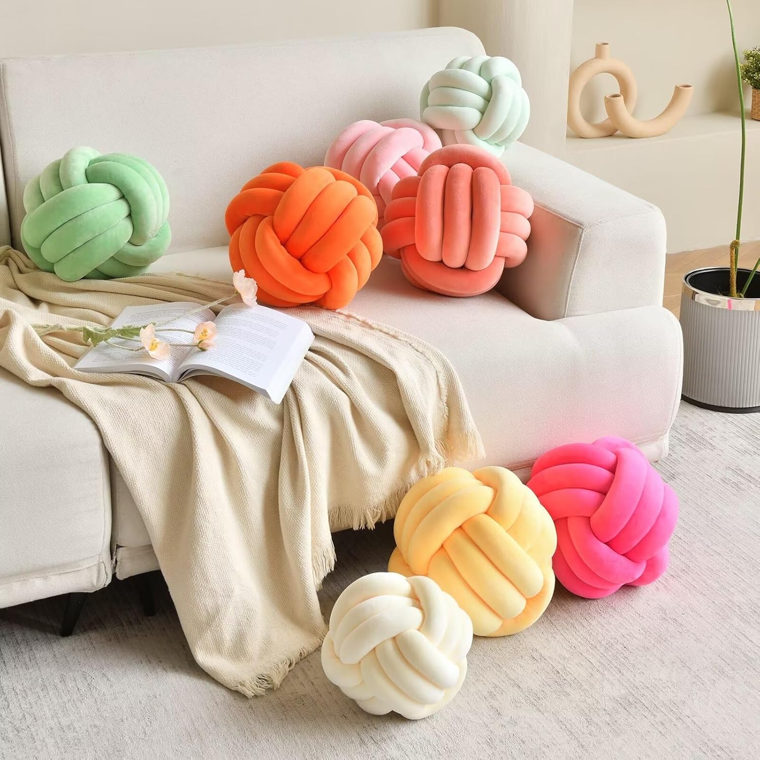 Decorative Throw Knot Pillow Ball for Home Chair Sofa Couch Bed Aesthetic Round Velvet Knotted Pillow Cushion (Orange, 8 inches)