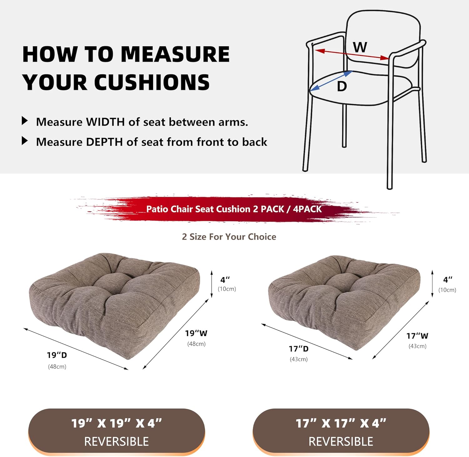 RACE LEAF Patio Chair Cushions 17x17 4 Pack, Heavy Duty Memory Foam Outdoor Cushions Water Resistant Non-Slip Bottom Tufted (Brown)