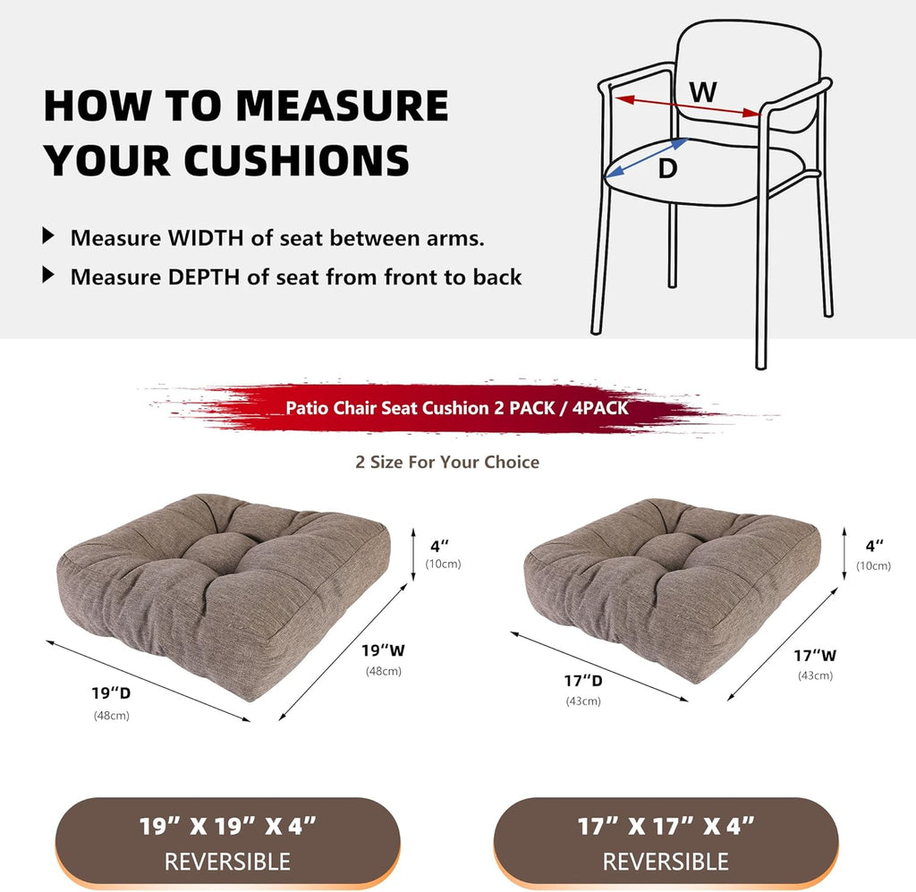 RACE LEAF Patio Chair Cushions 19x19 4 Pack, Heavy Duty Memory Foam Outdoor Cushions Water Resistant Non-Slip Bottom Tufted (Brown)