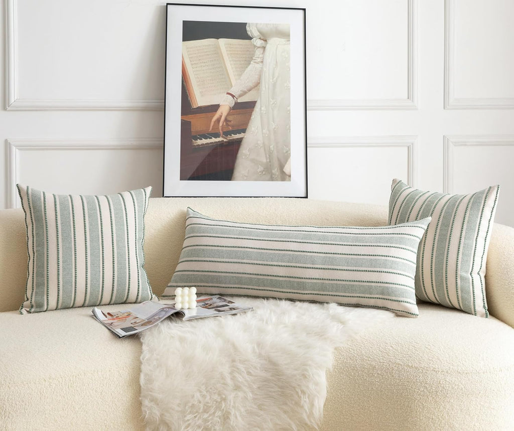 Decorative Boho Lumbar Pillow Covers, Modern Farmhouse Couch Pillowcase, 14 x 36 Long Accent Body Throw Pillow Covers, Sofa Bed Living Room Decor Cushion Case, Green and Beige, Pack of 1