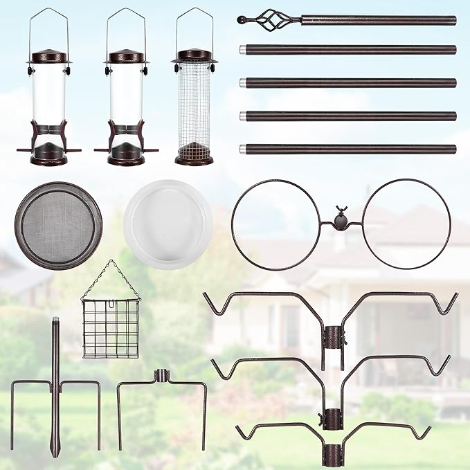 Bird Feeding Station Kit, 94 Inch Bird Feeder Pole Stand for Outdoors Hanging with 4 Feeders, Metal Suet and Bath Tray for Wild Birds Watching