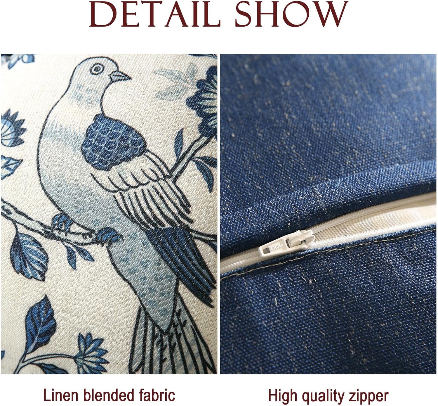 Chinoiserie Throw Pillow Covers Set of 2,Classic Chinoiserie Blue and White with Birds Pattern Linen Pillowcases,Decorative Round Cushion Covers for Couch Bed Car,Diameter 16"