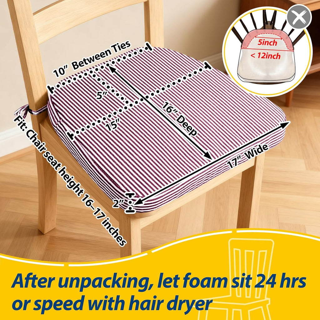 AAAAAcessories D-Shaped Chair Cushions, 2" Thick Dining Chair Pads with Ties and Removable, Machine-Washable Cover, 17" x 16", Set of 4, Pinstripe Red