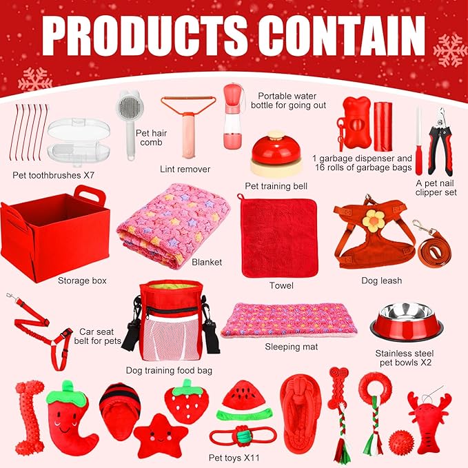 Abbylike 50 Pcs Puppy Supplies Starter Kit for Small Dogs Puppy Essentials Includes Leash, Bowls, Teeth Brushes, Water Bottle, and More Accessories for Dogs Christmas Welcome Gift(Red)