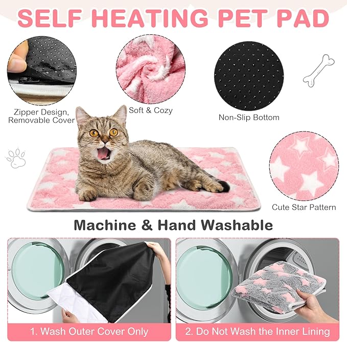 4 Pack Self Heating Cat Bed Cat Self Warming Pad with Removable Cover Extra Warm Thermal Pet Pad Washable Pet Crate Mat Anti Slip Kennel for Indoor Outdoor Pets(Star,16 x 20 Inches)