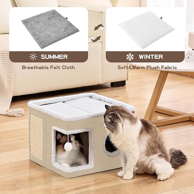 Cat Beds for Indoor Cats Houses, Large Cat Cave with Fluffy Ball and Scratch Pad, Foldable Cat House with Hideaway Tent for Kitten,Grey (SingleAK, Large)