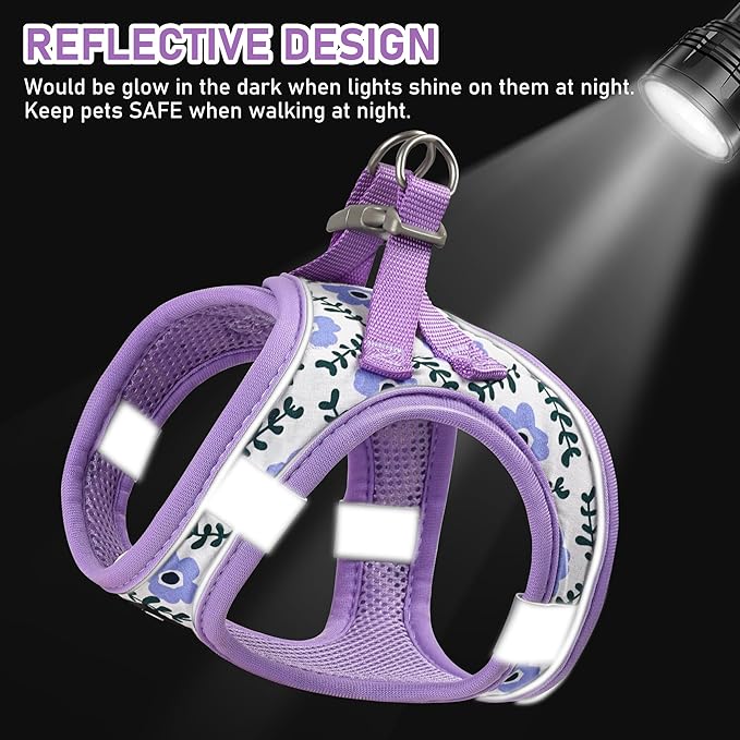 GAMUDA Small Dog Harness Collar and Leash Set, Step in No Chock No Pull Soft Mesh Adjustable Dog Vest Harnesses Plaid Reflective for Dogs Puppy Cats Kitten Rabbit (Purple Flower, XL)
