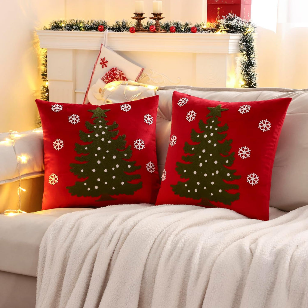 LUOYEHK Red Christmas Pillow Covers 18x18 Set of 2 Xmas Tree with Snowflakes Decorative Pillow Cases Winter Holiday Velvet Embroidered Cushion Covers for Couch Sofa Bed