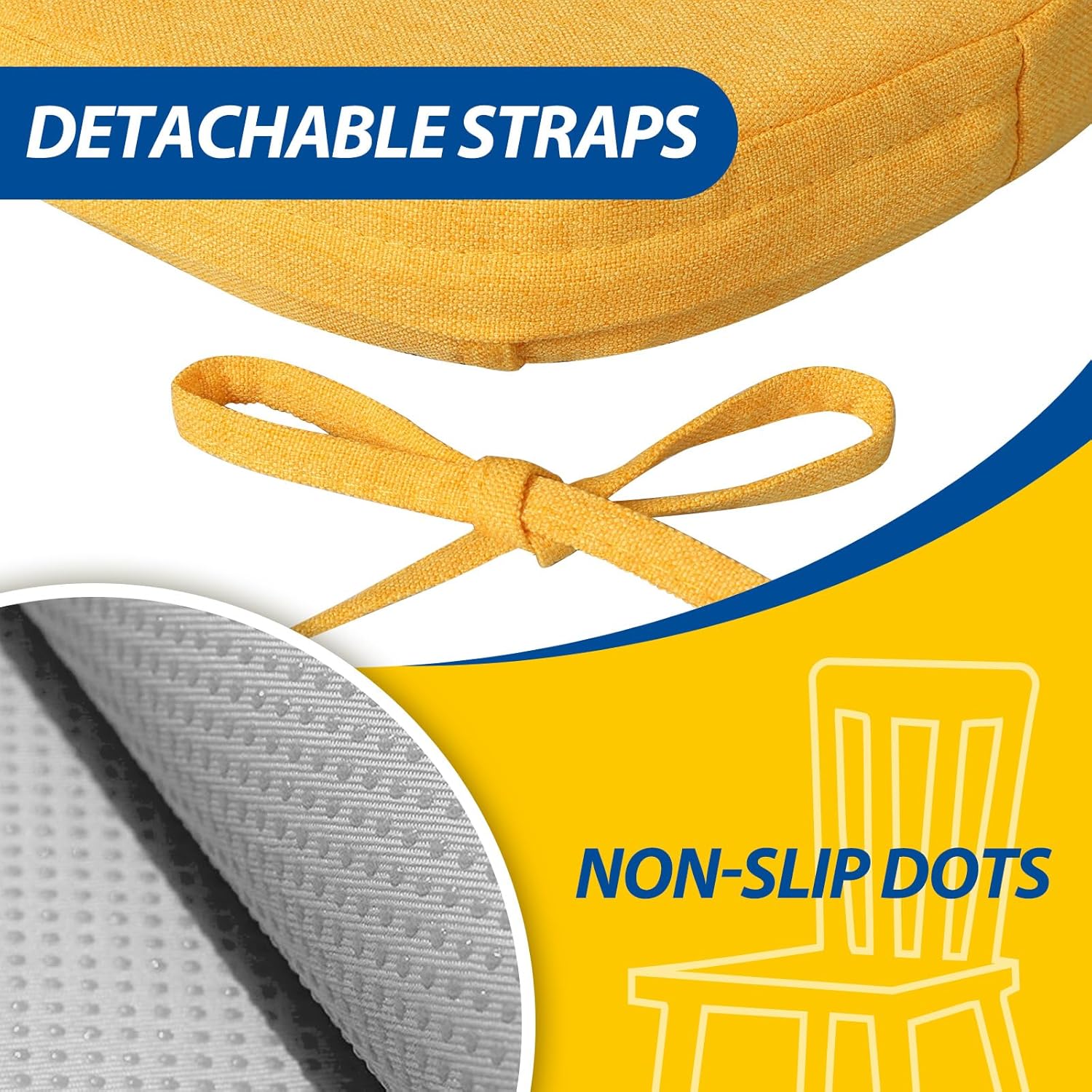 AAAAAcessories D-Shaped Chair Cushions, 2" Thick Dining Chair Pads with Ties and Removable, Machine-Washable Cover, 17" x 16", Set of 8, Golden Yellow