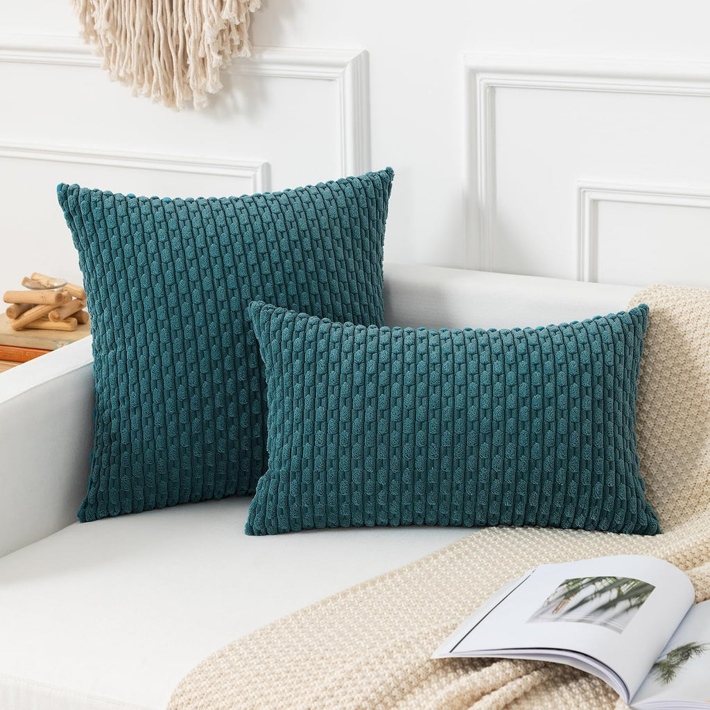 Kevin Textile 12x20 Inch Pillow Cover 1 Pack Boho Decorative Soft Striped Corduroy Lumbar Farmhouse Color Accent Rectangle Cushion Case for Living Room Couch Sofa Bed, Teal Blue