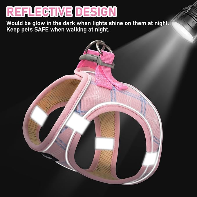 GAMUDA Small Dog Harness Collar and Leash Set, Step in No Chock No Pull Soft Mesh Adjustable Dog Vest Harnesses Plaid Reflective for Dogs Puppy Cats Kitten Rabbit (Pink, XS)