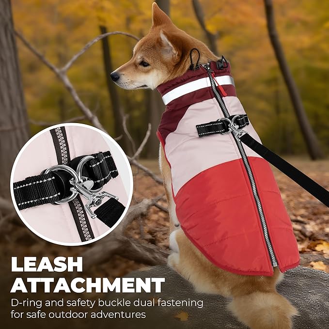 Dog Coat, Waterproof Dog Winter Jacket with Harness Built in, Turtleneck Warm Doggie Cold Weather Coats, Reflective Pet Vest for Indoor & Outdoor, Windproof Dogs Snowsuit, Red Large