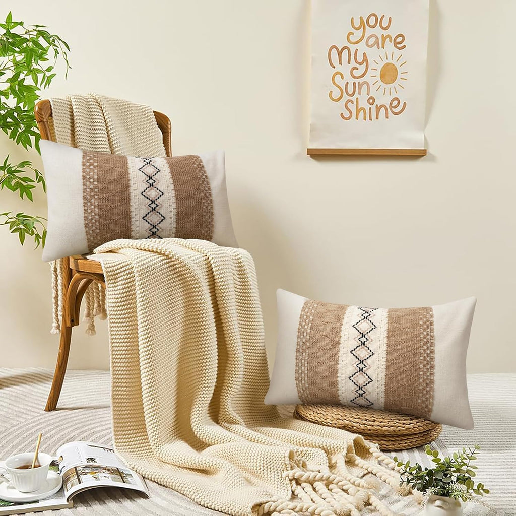 Pyonic Pack of 2 Boho Throw Pillow Covers 12x20 Inch Farmhouse Beige Decorative Lumbar Pillows for Bed Sofa Living Room,Modern Cushion Cover Couch Pillows Cover Home Decor