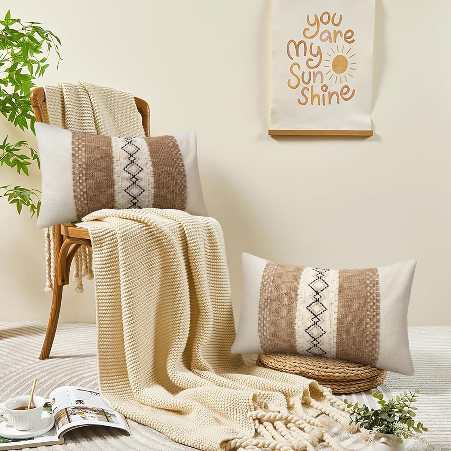 Pyonic Pack of 2 Boho Throw Pillow Covers 12x20 Inch Farmhouse Beige Decorative Lumbar Pillows for Bed Sofa Living Room,Modern Cushion Cover Couch Pillows Cover Home Decor