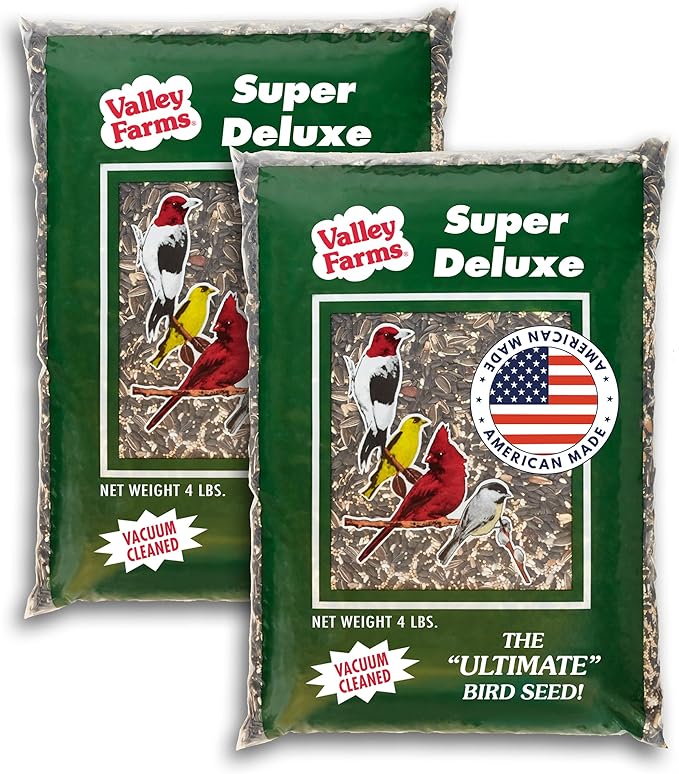 Valley Farms Super Deluxe Wild Bird Food 4 LBS (Pack of 2) for Outside feeders - 0% fillers - w/Sunflower Seed -Peanut kernels -Feed More Birds w/Less Seed
