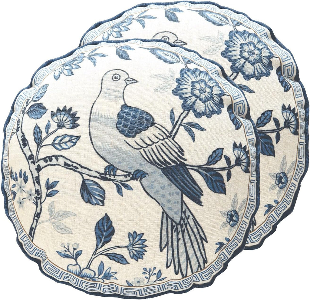 Chinoiserie Throw Pillow Covers Set of 2,Classic Chinoiserie Blue and White with Birds Pattern Linen Pillowcases,Decorative Round Cushion Covers for Couch Bed Car,Diameter 16"