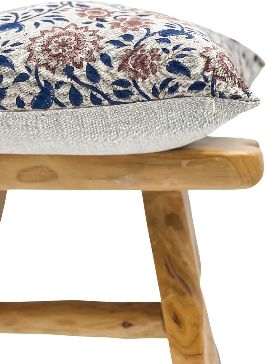 Designer Floral Print on Natural Linen Pillow Cover | Indigo Blue and Rust Brown Pillow | Boho Pillow | Decorative Throw Pillow Covers (Rust/Indigo, 22x22)